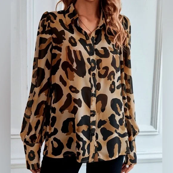 Leopard Print Sheer Button Down Shirt Top Blouse - Picture 6 of 6
